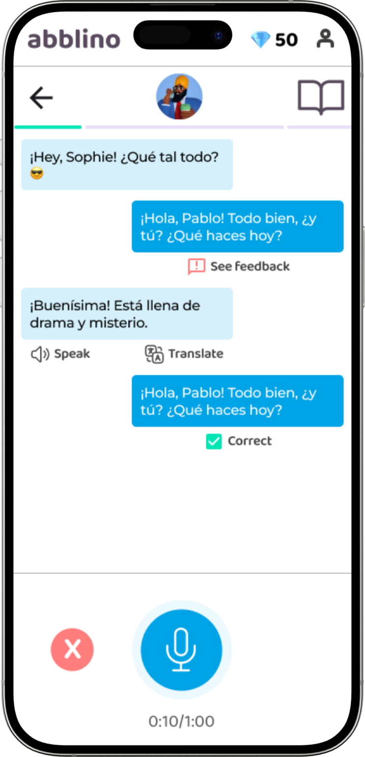 abblinos chat feature with one of our AI partners. The user activated the speech input in this example.